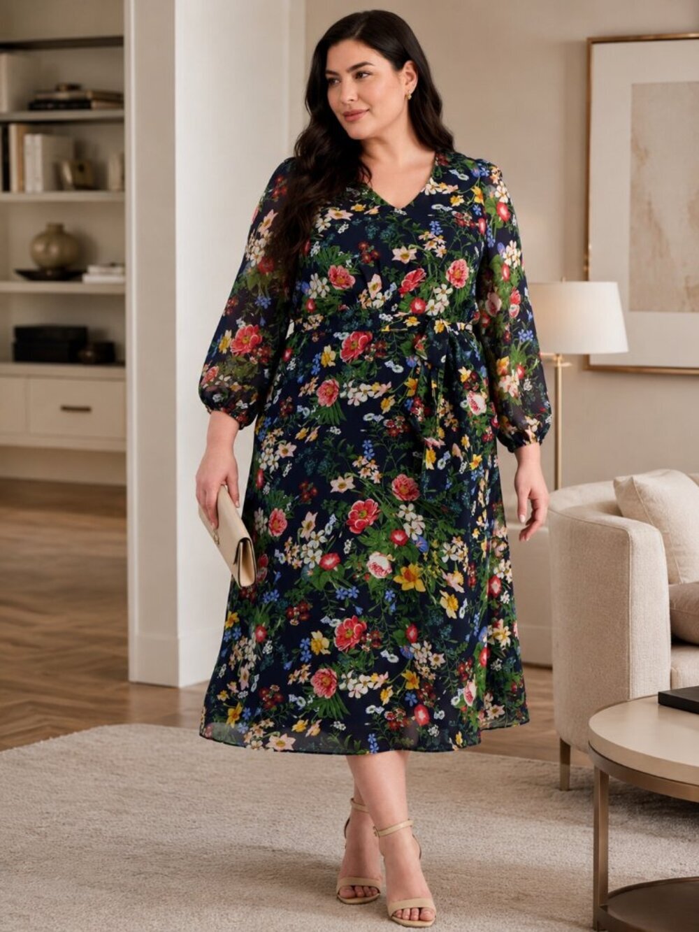 Anne Klein Plus Bountiful Flowers Blouson Sleeve Midi Dress NWT - Picture 2 of 6